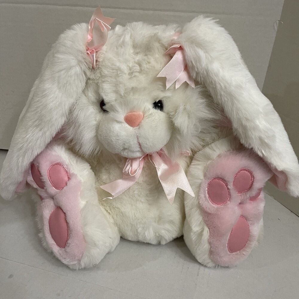 1990 Commonwealth White Bunny Rabbit Plush 12" Pink Bows Floppy Ears Lop Easter